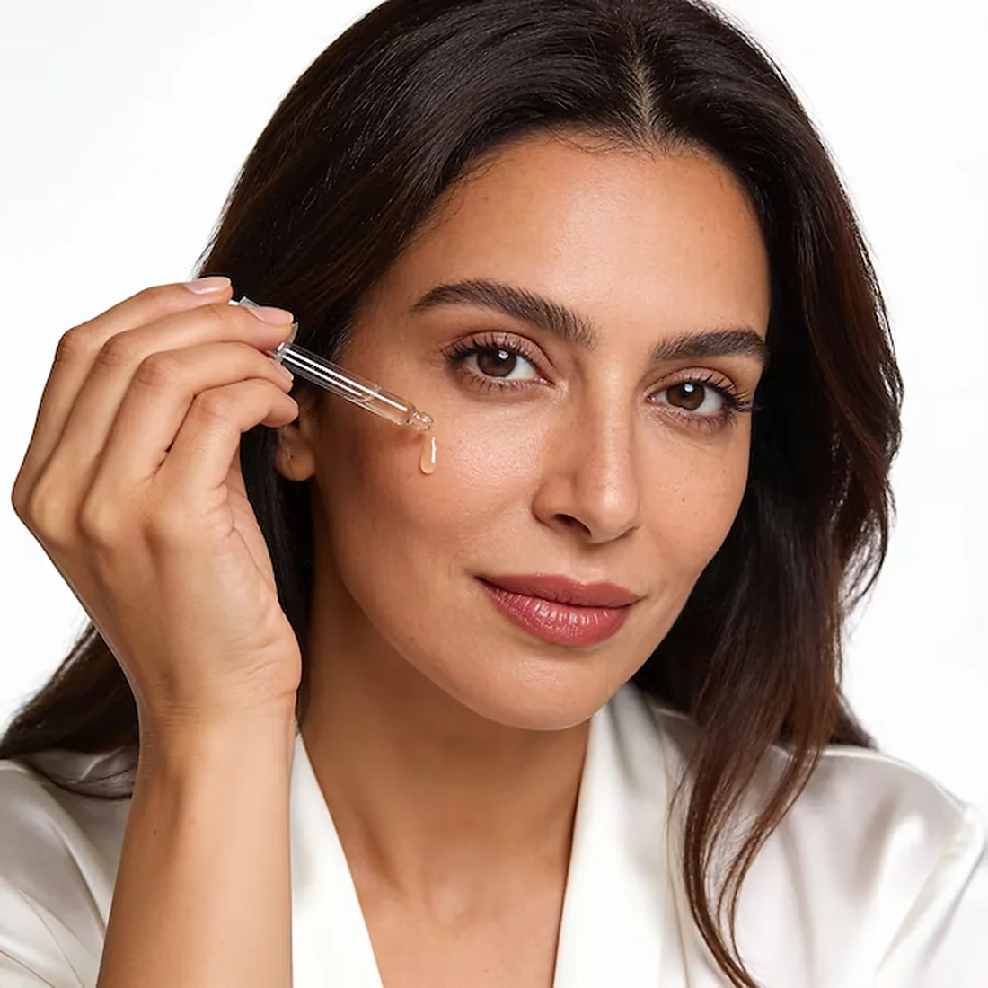 Woman applying serum to her cheek with a glass dropper