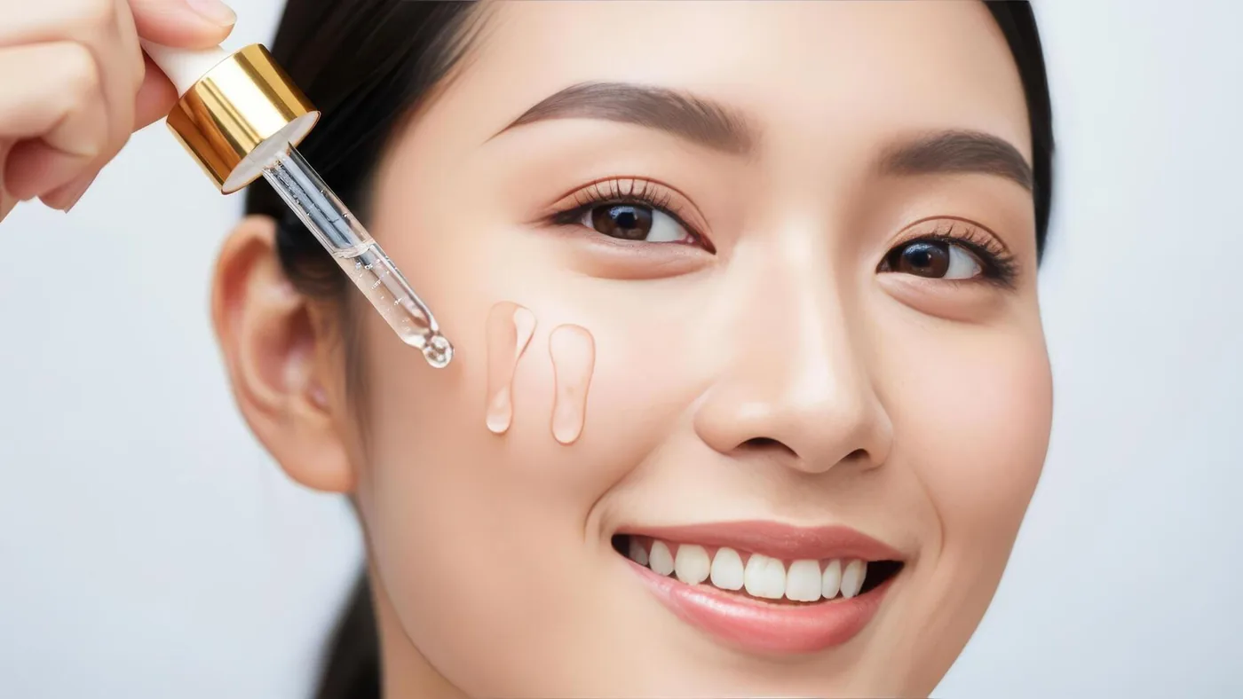 Woman applying serum to her cheek with a dropper